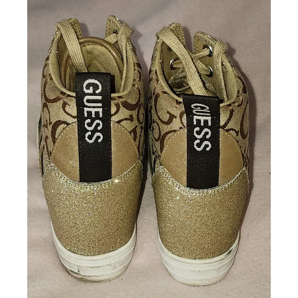 Guess Women's WGTONIGHT3 High Top Sneakers Beige Brown and Gold Glitter - Picture 3 of 9